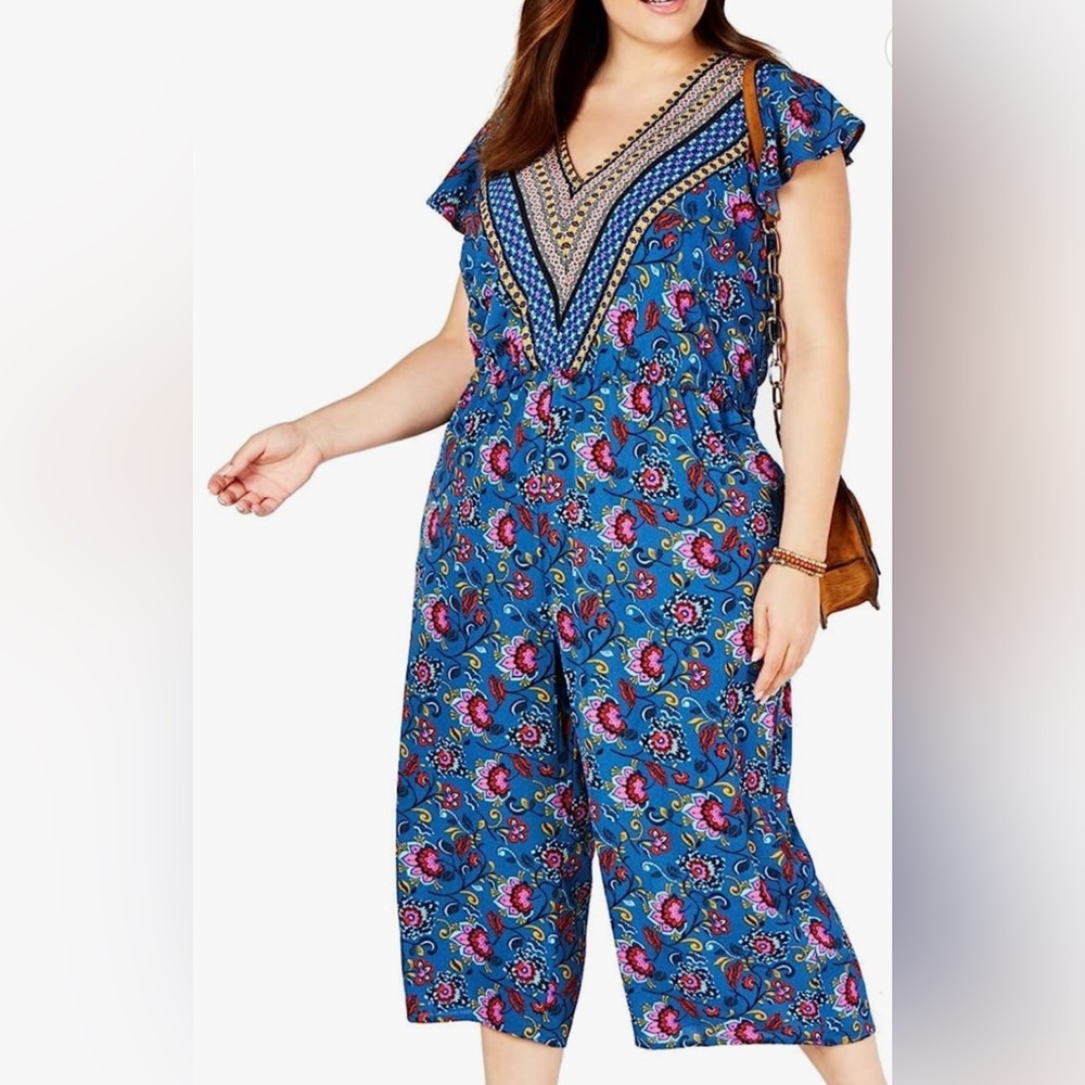 LOVE SQUARED Womens Floral Sleeveless V Neck Cropped Casual Jumpsuit, NWT, 1X